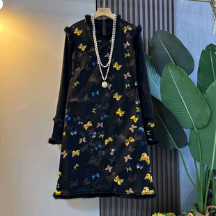 女装 显瘦两件套胖妹妹大码 轻奢盘扣斜襟拼毛马甲裙内搭新款 新中式