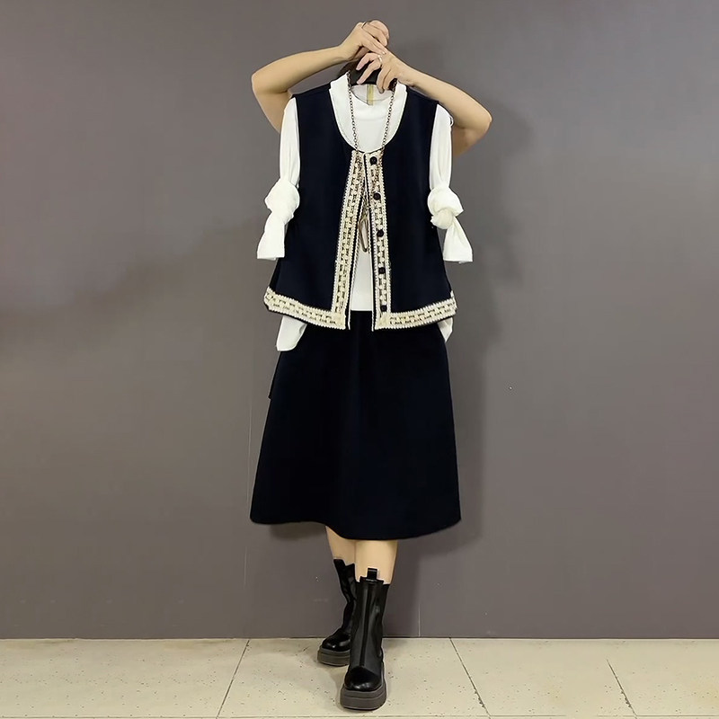 胖妹妹2026春季新款大码女装民族风拼边简约气质马甲半裙三件套裙,女装/女士精品,大码套装,淘宝优惠券,粉丝福利购,淘宝优惠卷