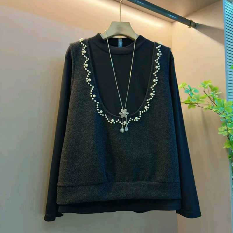 新款大码女装钉珠马甲打底衫套装