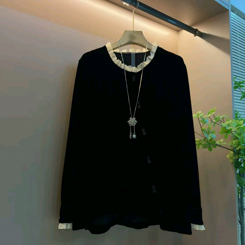 洋气宽松大码女装拼接丝绒小衫