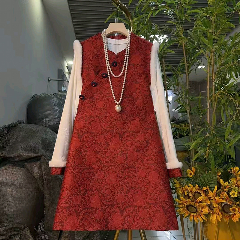 毛边马甲连衣裙大码女装打底衫