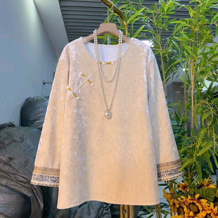 女装 国风丝绒磨毛打底衫 胖mm秋季 新中式 宽松显瘦上衣2025 新款 大码