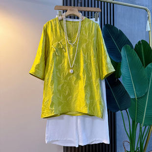 新款 休闲阔腿裤 国风盘扣提花宽松大衫 女装 胖妹妹显瘦大码 2025夏季