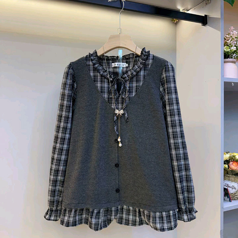 欧货拼接假两件格子衬衫新款胖mm减龄木耳花边领系带上衣大码女装,女装/女士精品,大码内搭,淘宝优惠券,粉丝福利购,淘宝优惠卷