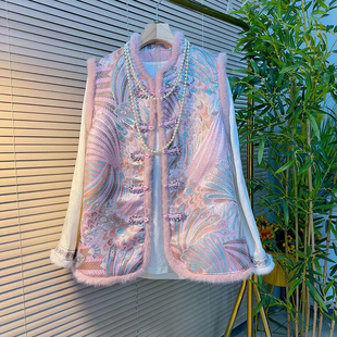 新中式 胖妹妹秋季 时尚 保暖加大码 民族风缇花加棉马甲 新款