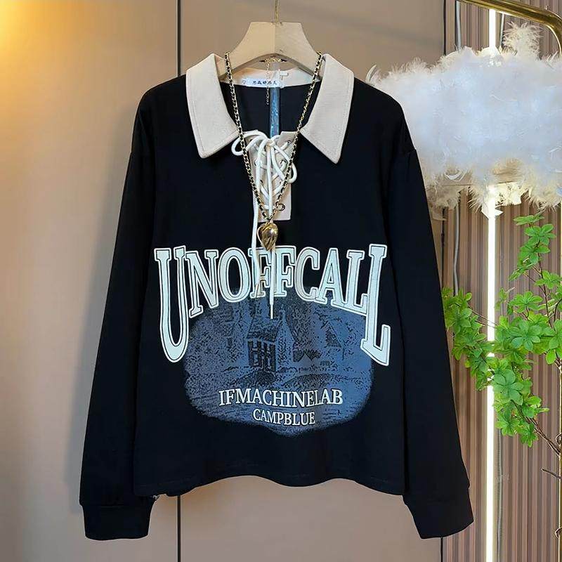 韩系长袖上衣时尚加大码撞色polo领绑带字母打底卫衣休闲百搭内搭,女装/女士精品,大码内搭,淘宝优惠券,粉丝福利购,淘宝优惠卷