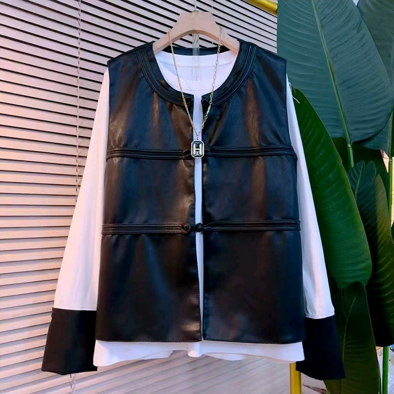 复古盘扣皮马甲2026春季新款百搭拼接内搭两件套显瘦套装大码女装,女装/女士精品,大码套装,淘宝优惠券,粉丝福利购,淘宝优惠卷