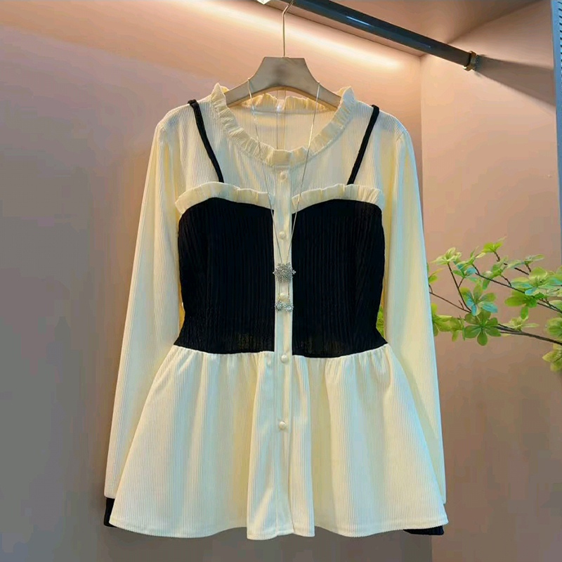 法式复古撞色木耳花边洋气上衣