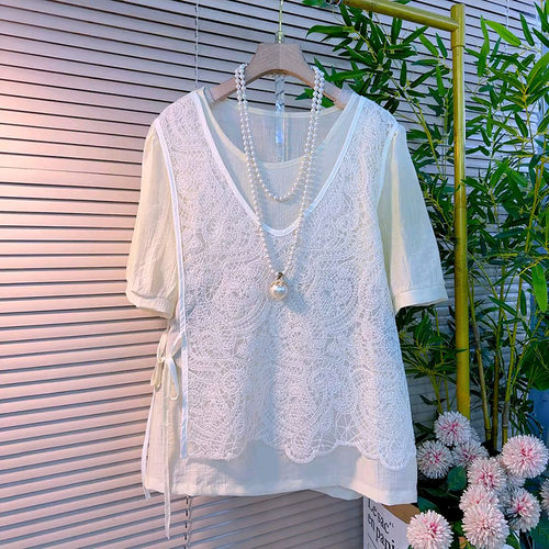 侧系带拼接假两件短袖上衣