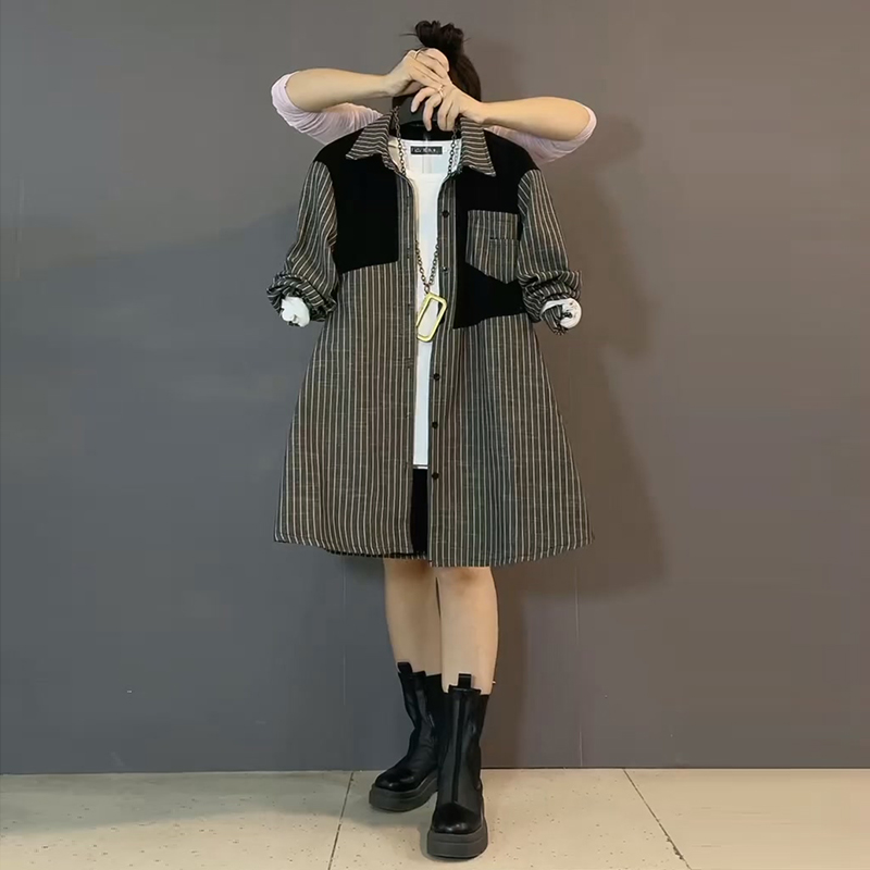 翻领条纹拼接简约加绒两穿衬衫