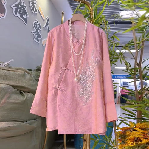 新款新中式国风盘扣钉珠花朵大衫