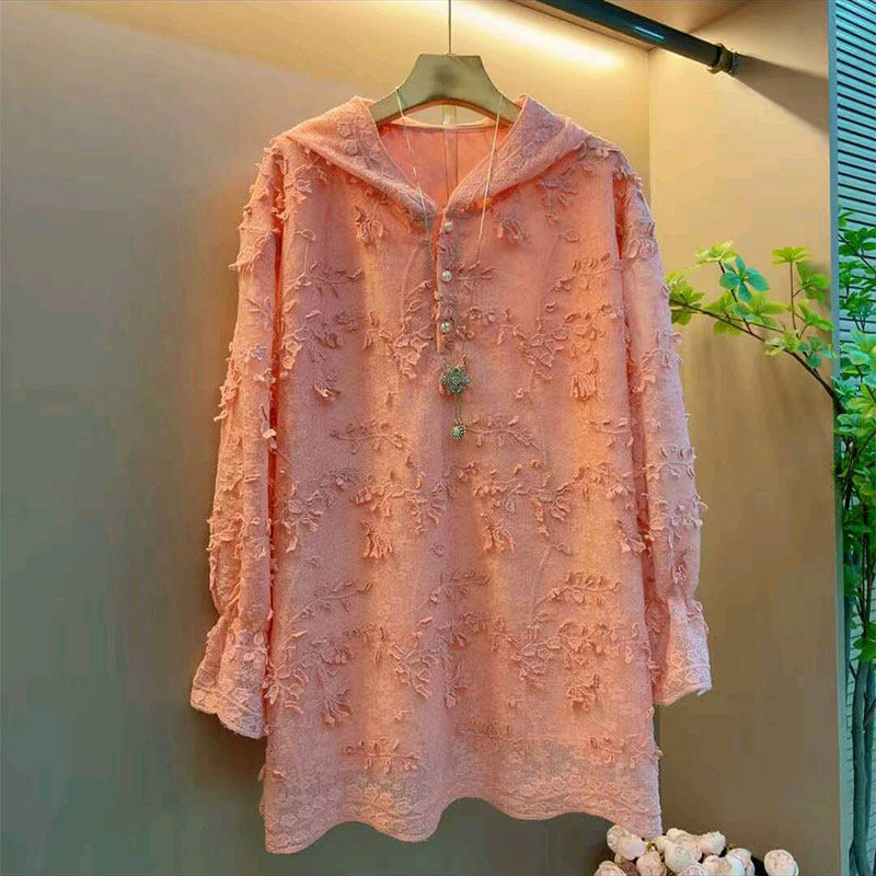 新款时尚设计感蕾丝立体花连帽女人衫大码女装胖mm宽松遮肉上衣女,女装/女士精品,大码内搭,淘宝优惠券,粉丝福利购,淘宝优惠卷