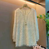 大衫 2026春季 潮 简约大码 女装 新款 重工流苏上衣胖mm显瘦V领百搭衫