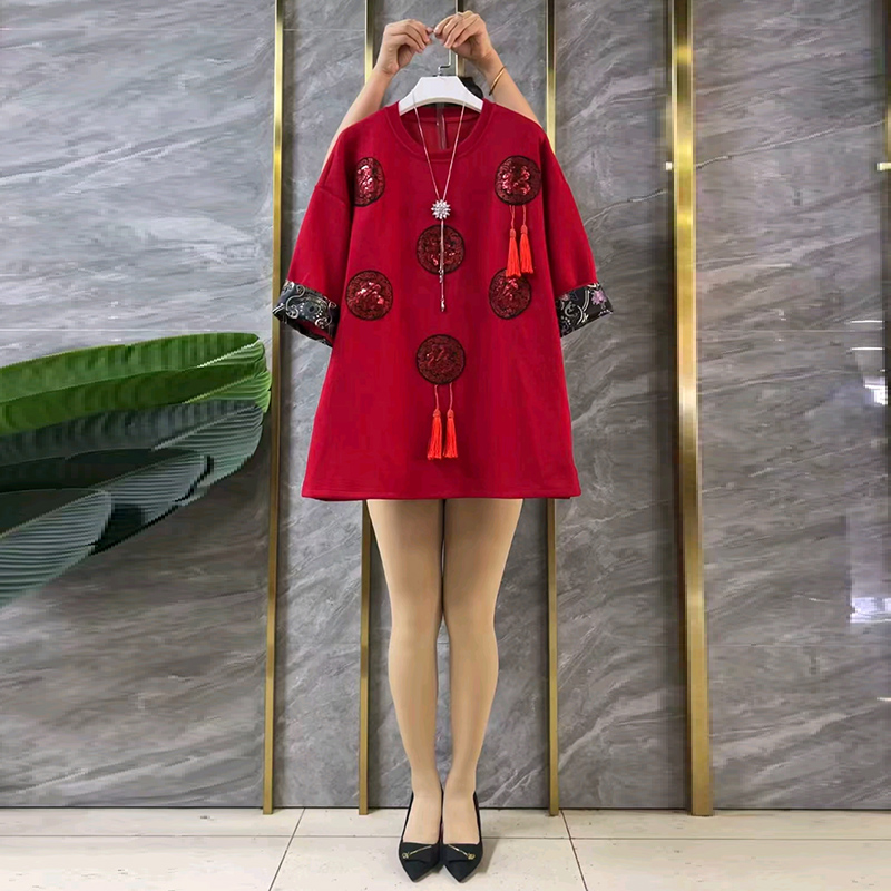 流苏大码女装拼接盘扣T恤衫