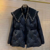 新款 韩版 重工镶钻娃娃领减龄显瘦收腰棉服外套胖妹妹冬季 保暖棉衣