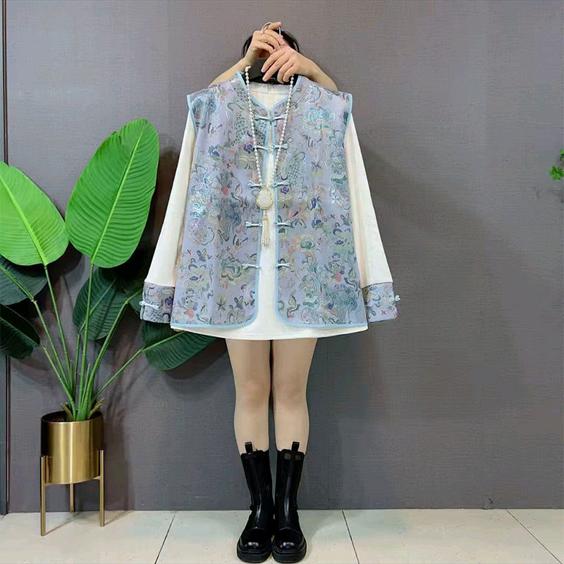 新中式复古花纹盘扣马甲打底衫套装胖妹妹大码女装国风马夹两件套,女装/女士精品,大码套装,淘宝优惠券,粉丝福利购,淘宝优惠卷