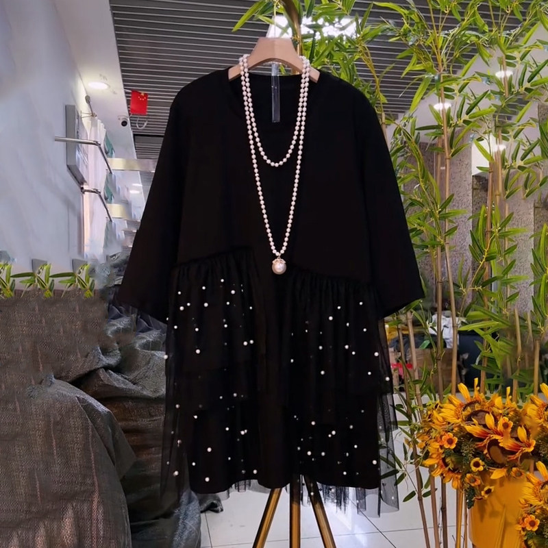 胖妹妹大码女装春季2026新款欧货时尚网纱钉珠拼接圆领短袖T恤衫,女装/女士精品,大码内搭,淘宝优惠券,粉丝福利购,淘宝优惠卷