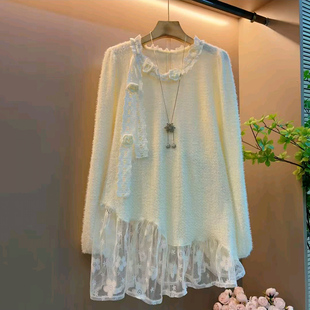 大码 女装 飘带蕾丝衫 2025新款 大衫 上衣韩版 胖MM显瘦中长款 拼接长袖