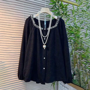 新款 方领重工订珠订钻宽松遮肉设计感衬衫 大码 胖妹妹时尚 女装 冬季