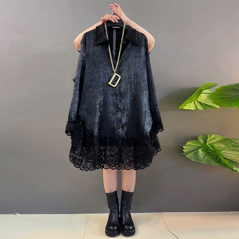 胖mm显瘦蕾丝拼接上衣2026春季新款宽松褶皱衬衫大码女装中长大衫,女装/女士精品,大码内搭,淘宝优惠券,粉丝福利购,淘宝优惠卷