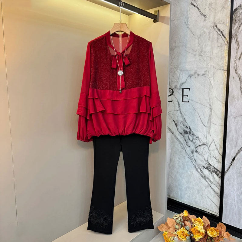 2026春新款韩版时尚绑带蝴蝶结荷叶边长袖衫大码女装胖mm显瘦裤子,女装/女士精品,大码内搭,淘宝优惠券,粉丝福利购,淘宝优惠卷