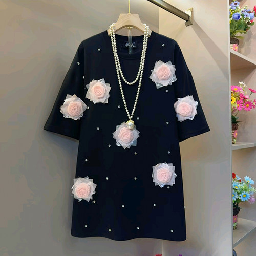 韩系宽松小众玫瑰花气质钉钻T恤