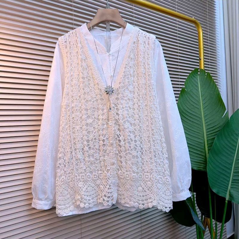 勾花纽扣针织马甲刺绣花朵衬衫新