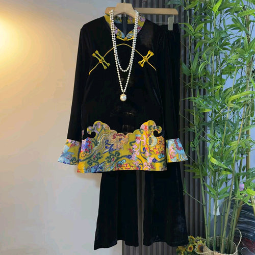 复古大码女装拼接盘扣上衣裤子
