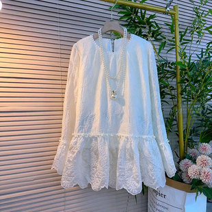 秋季 复古风大码 设计感蕾丝刺绣珠荷叶边减龄百搭衫 上衣中长款 女装