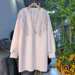 上衣胖妹妹时髦百搭打底衫 新款 重工披肩钉珠亮片翅膀长袖 女装 大码