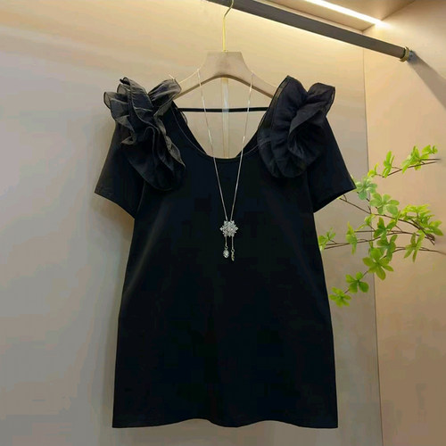 时尚圆领花边显瘦百搭短袖上衣