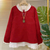 韩版 大码 时尚 2026减龄新款 彩扣拼接蕾丝边长袖 衫 女装 胖mm休闲上衣