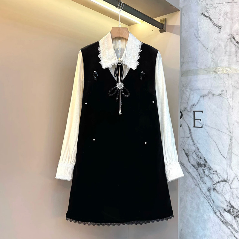 蝴蝶结衬衫马甲裙套装