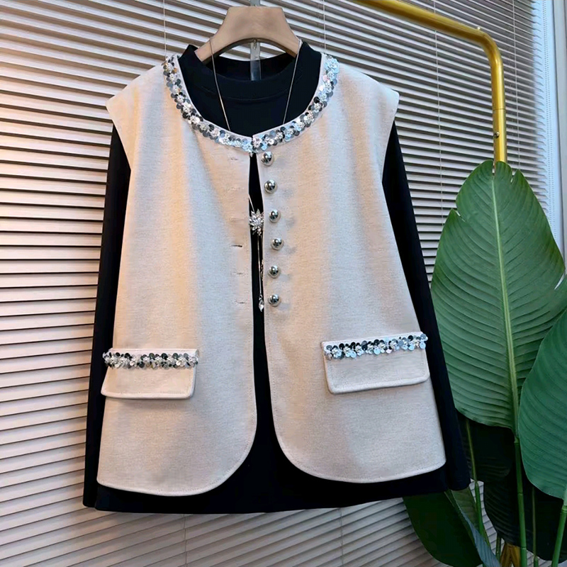 韩版时尚亮片马甲打底衫两件套新