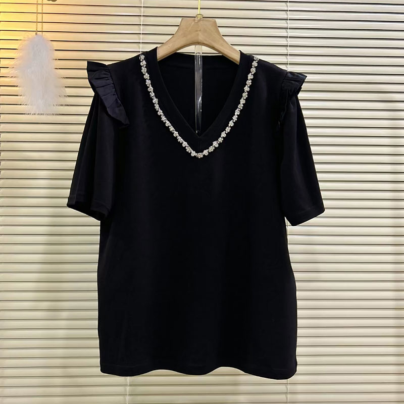 显瘦时尚重工钉钻V领半袖T恤