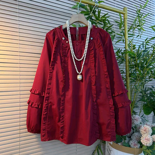 时尚韩版圆领订珠木耳花边衬衫