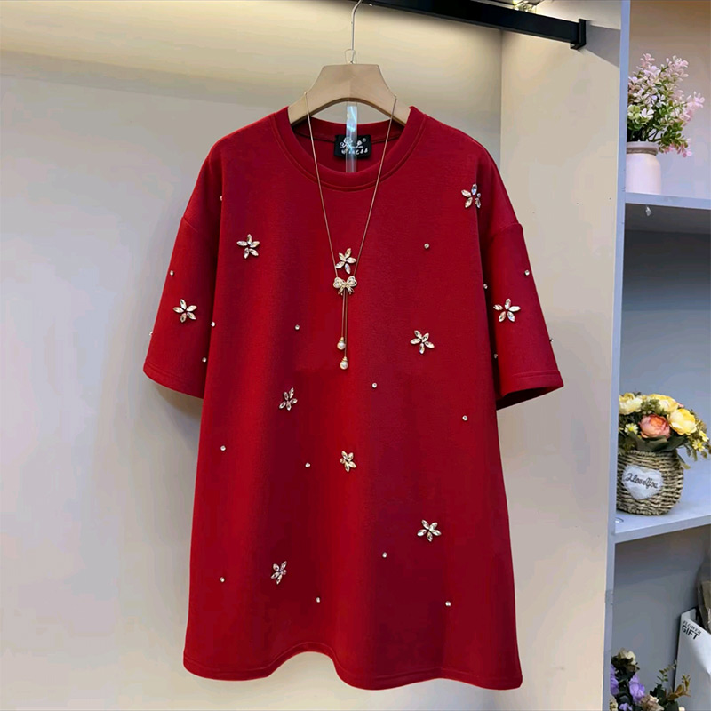 圆领短袖亮钻花朵T恤衫