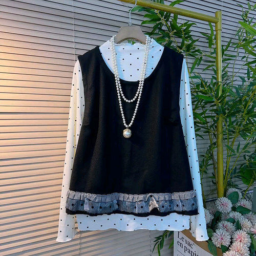 木耳花边马甲半高领打底衫两件套