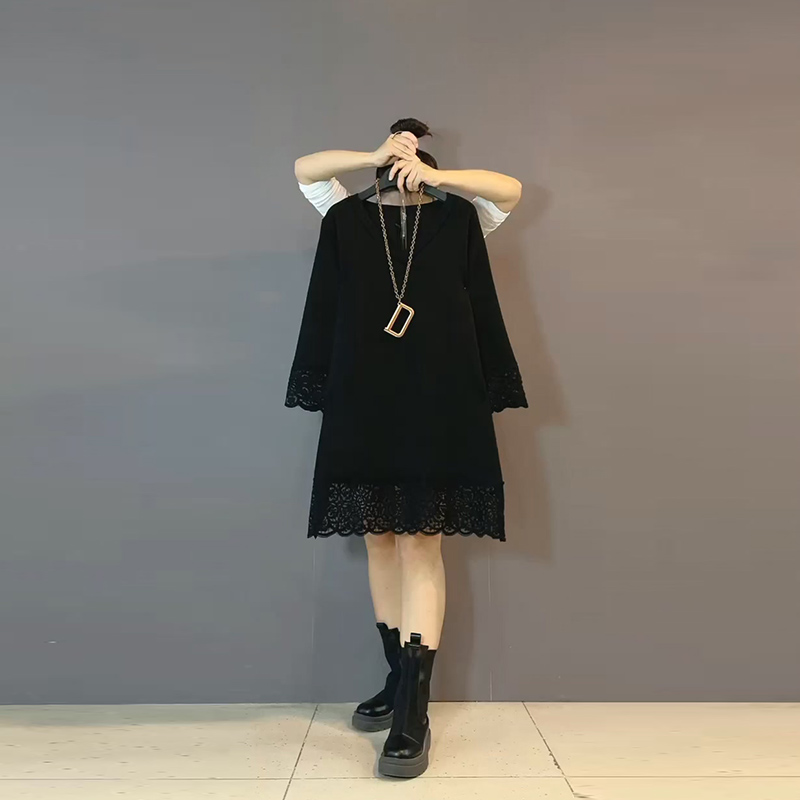 欧货气质V领蕾丝针织拼接大衫新