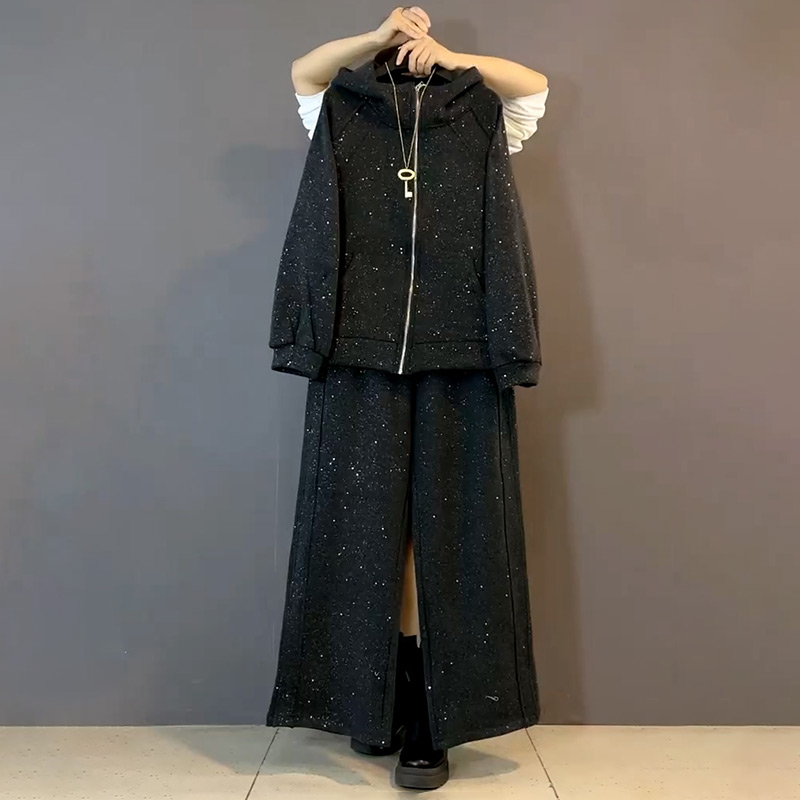 细闪连帽加绒卫衣裤子套装