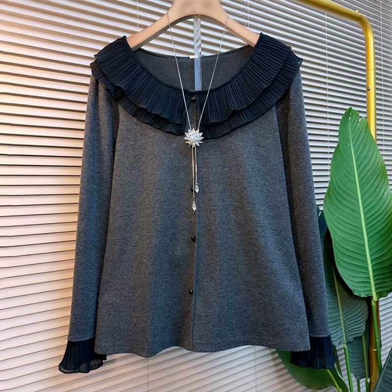 欧货时尚拼接荷叶领气质百搭衫