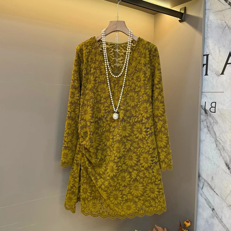 提花V领捏褶开叉中长上衣
