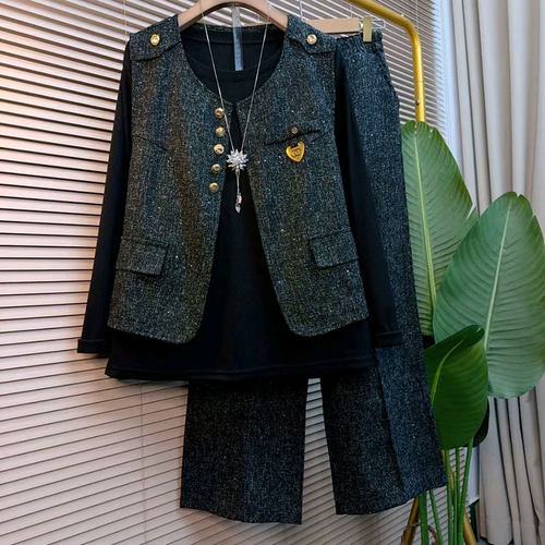 胖mm时尚马甲休闲打底裤子三套装