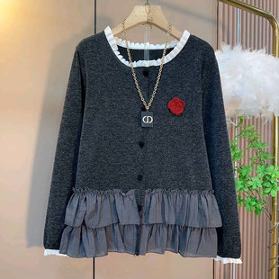 女装 2026春新款 大码 洋气花边领拼接显瘦开衫 胖mm休闲上衣 欧货时尚