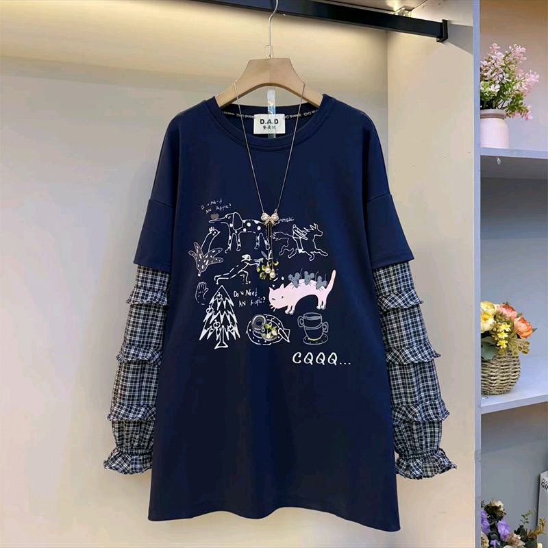 拼格长袖印花假两件上衣