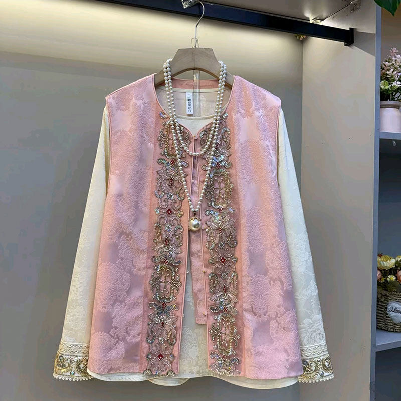 新中式重工马甲提花打底衫大码女装遮肉宽松钉珠重工胖妹妹春季潮,女装/女士精品,常规大码外套,淘宝优惠券,粉丝福利购,淘宝优惠卷