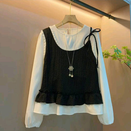 时尚拼接假两件荷叶底边长袖衫新