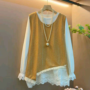 2026新款胖MM大码女装欧货镂空不规则毛边马甲蕾丝花边打底衫套装