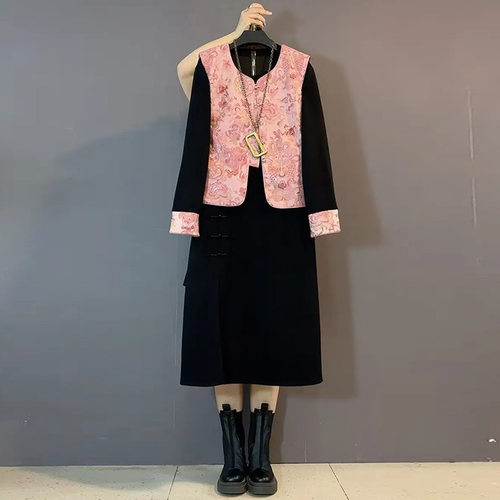 国风盘扣马甲打底裙套装