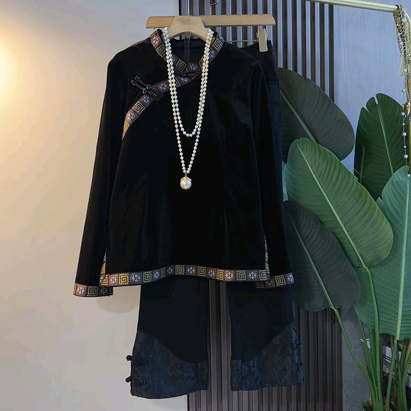 民族风拼接花边气质丝绒衫2026新款胖妹妹国风盘扣裤子大码女装潮,女装/女士精品,大码内搭,淘宝优惠券,粉丝福利购,淘宝优惠卷